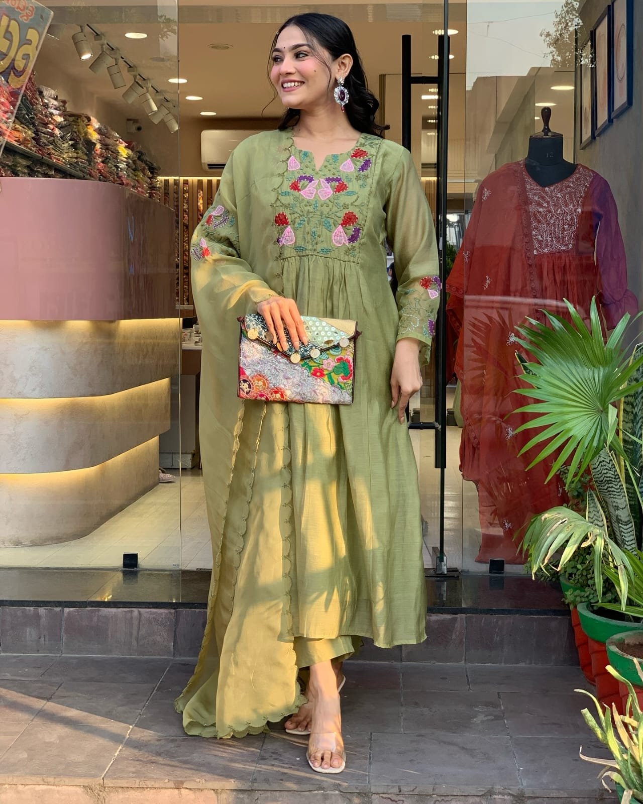 Embroidered Cotton Kurti Pant Set with Organza Dupatta